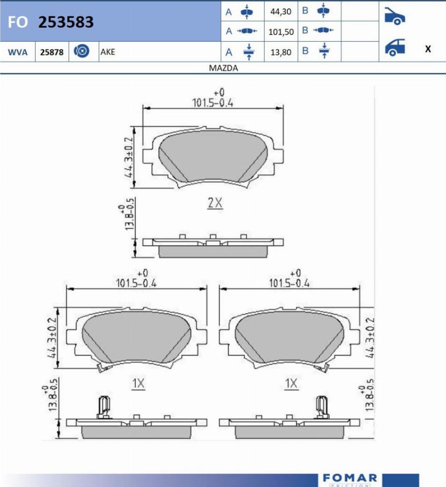 FOMAR Friction FO 253583 - Тормозные колодки, дисковые, комплект avtokuzovplus.com.ua