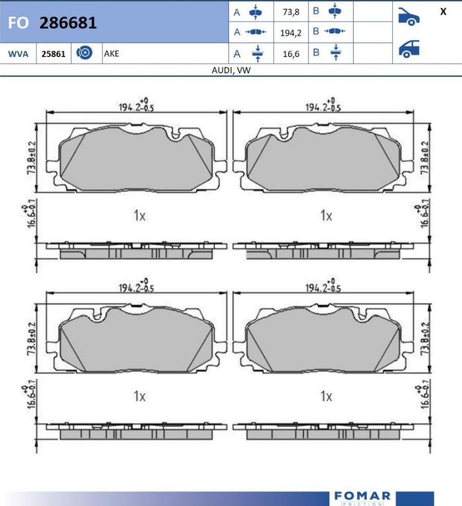 FOMAR Friction FO 286681 - Тормозные колодки, дисковые, комплект autodnr.net