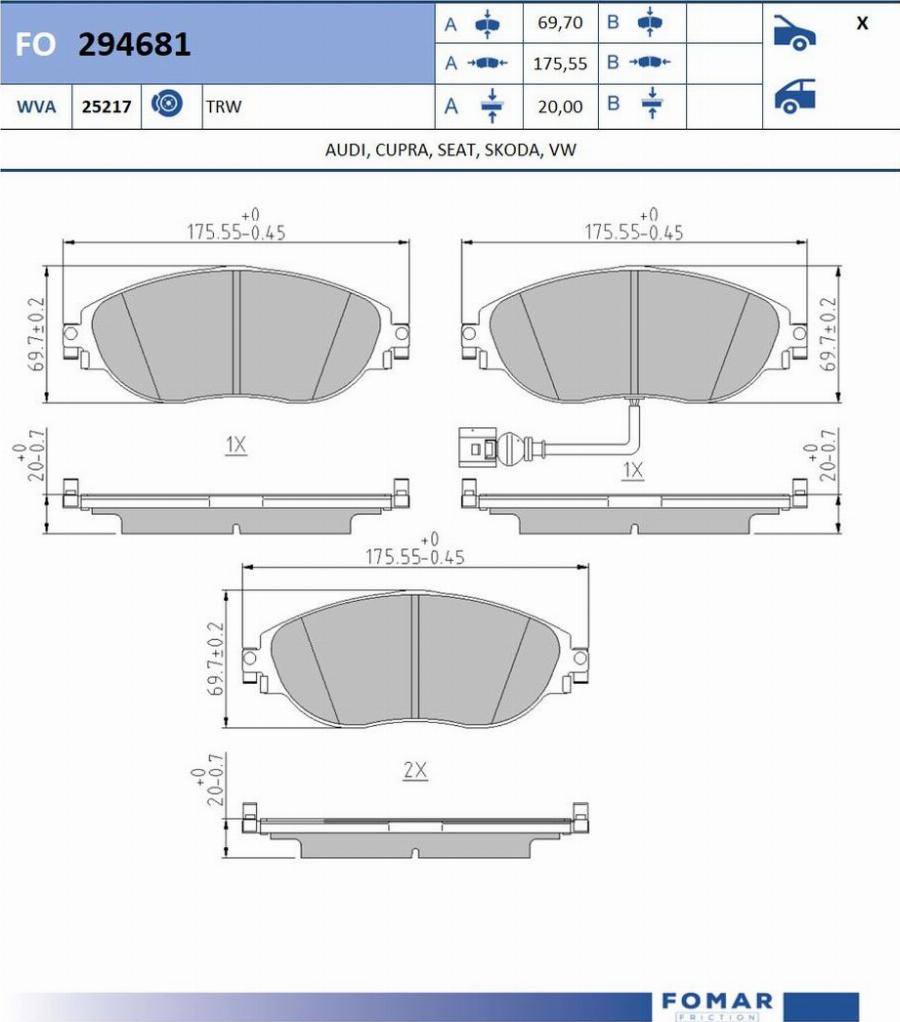 FOMAR Friction FO 294681 - Тормозные колодки, дисковые, комплект autodnr.net