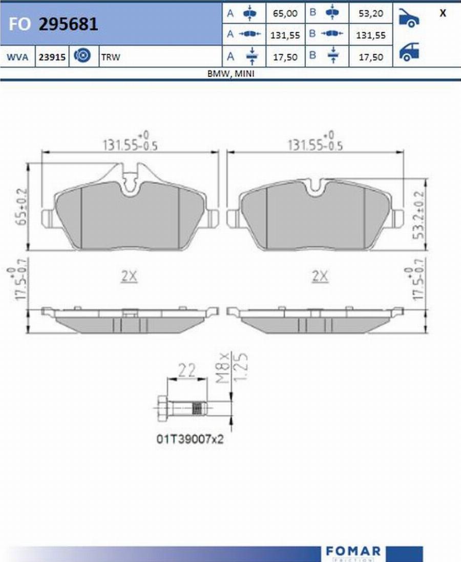 FOMAR Friction FO 295681 - Тормозные колодки, дисковые, комплект autodnr.net