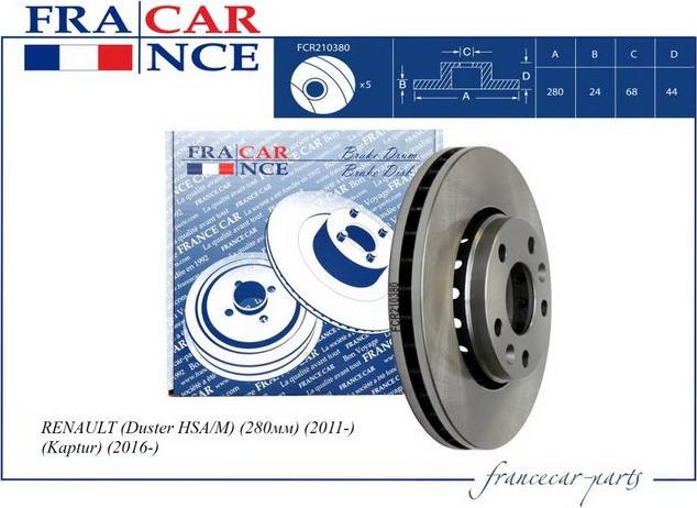 Francecar FCR210380 - Гальмівний диск autocars.com.ua