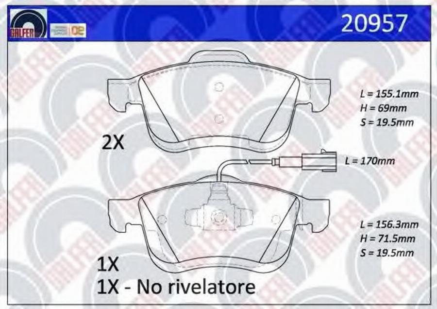 Galfer 20957 - Тормозные колодки, дисковые, комплект avtokuzovplus.com.ua