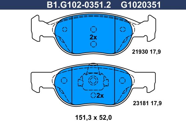 Galfer B1.G102-0351.2 - Гальмівні колодки, дискові гальма autocars.com.ua