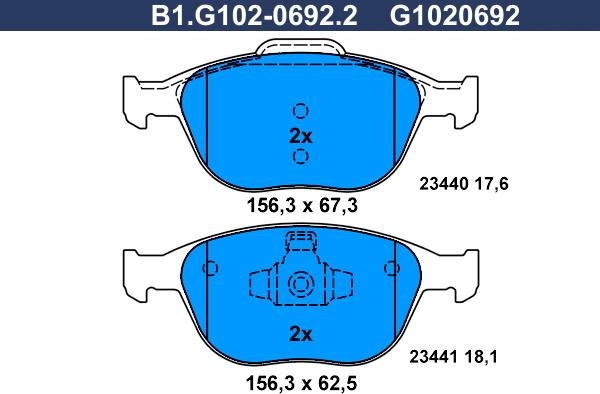 Galfer B1.G102-0692.2 - Гальмівні колодки, дискові гальма autocars.com.ua