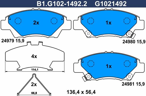Galfer B1.G102-1492.2 - Гальмівні колодки, дискові гальма autocars.com.ua