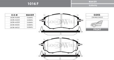 GoodWill 1016 F - Тормозные колодки, дисковые, комплект avtokuzovplus.com.ua
