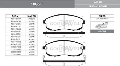 GoodWill 1086/1 F - Гальмівні колодки, дискові гальма autocars.com.ua