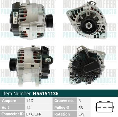 Hoffer H55151136 - Генератор autocars.com.ua