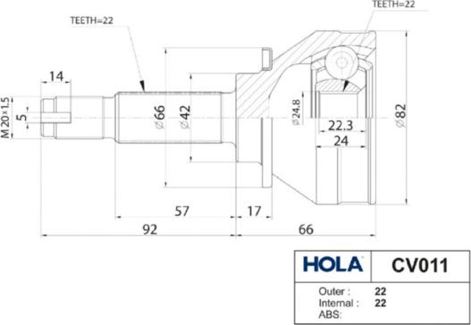 Hola CV011 - Шарнирный комплект, ШРУС, приводной вал avtokuzovplus.com.ua