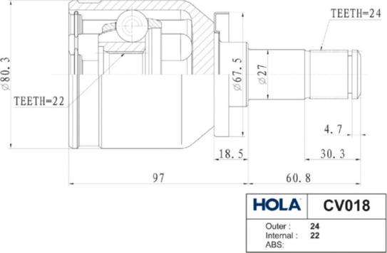 Hola CV018 - Шарнірний комплект, ШРУС, приводний вал autocars.com.ua