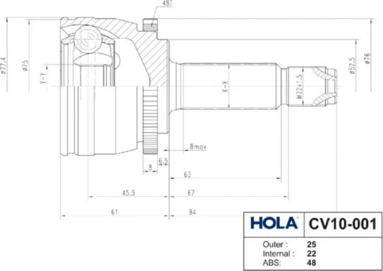 Hola CV10-001 - Шарнірний комплект, ШРУС, приводний вал autocars.com.ua