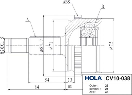 Hola CV10-038 - Шарнірний комплект, ШРУС, приводний вал autocars.com.ua