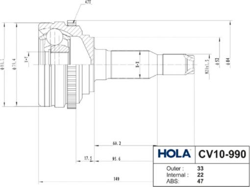 Hola CV10-990 - Шарнірний комплект, ШРУС, приводний вал autocars.com.ua