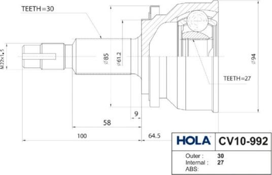 Hola CV10-992 - Шарнирный комплект, ШРУС, приводной вал autodnr.net