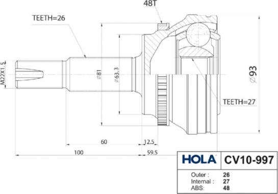 Hola CV10997 - Шарнирный комплект, ШРУС, приводной вал avtokuzovplus.com.ua