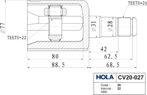 Hola CV20-027 - Шарнирный комплект, ШРУС, приводной вал autodnr.net