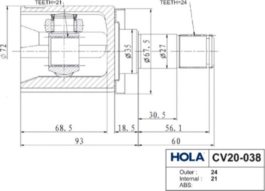 Hola CV20-038 - Шарнірний комплект, ШРУС, приводний вал autocars.com.ua