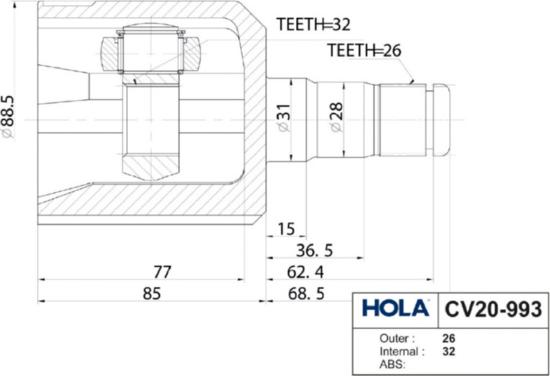 Hola CV20993 - Шарнирный комплект, ШРУС, приводной вал avtokuzovplus.com.ua