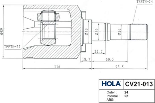 Hola CV21-013 - Шарнірний комплект, ШРУС, приводний вал autocars.com.ua