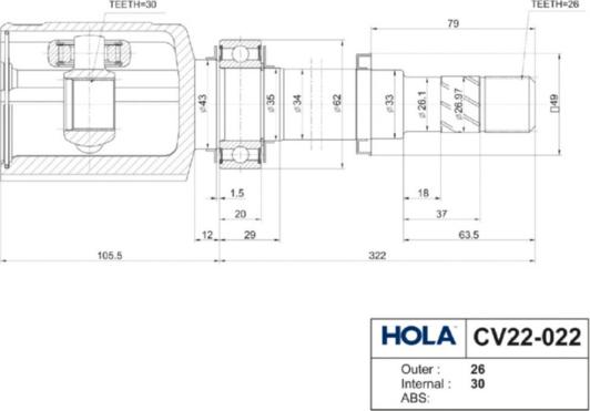Hola CV22-022 - Шарнирный комплект, ШРУС, приводной вал autodnr.net
