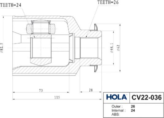 Hola CV22-036 - Шарнірний комплект, ШРУС, приводний вал autocars.com.ua