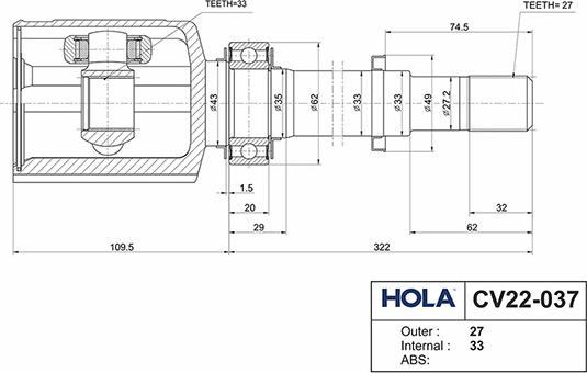 Hola CV22-037 - Шарнирный комплект, ШРУС, приводной вал autodnr.net