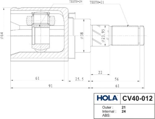 Hola CV40-012 - Шарнирный комплект, ШРУС, приводной вал autodnr.net