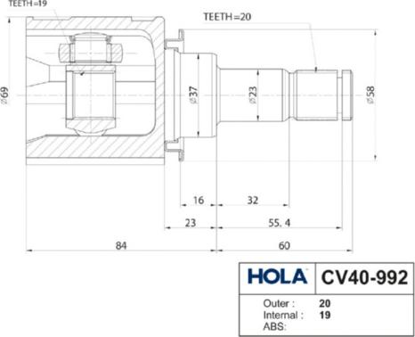 Hola CV40-992 - Шарнірний комплект, ШРУС, приводний вал autocars.com.ua