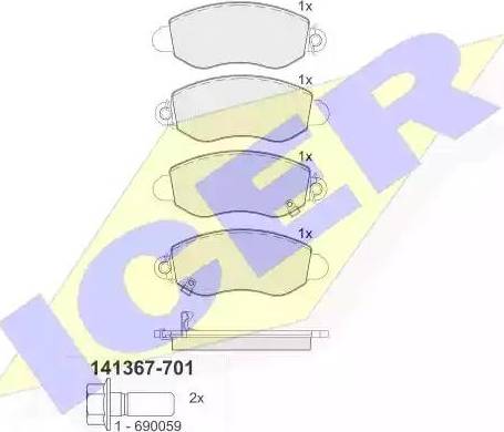 Icer 141367 - Тормозные колодки, дисковые, комплект avtokuzovplus.com.ua