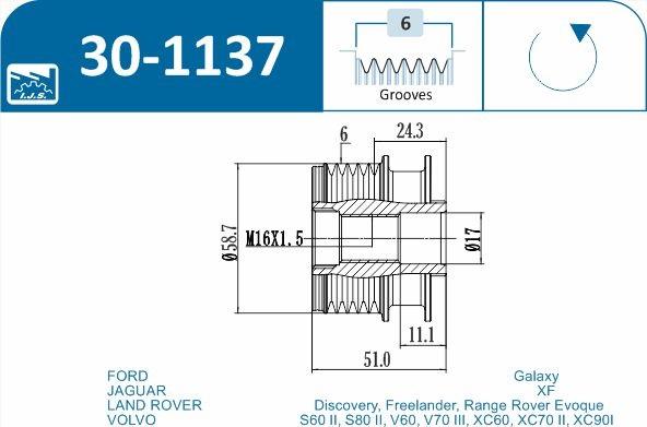 IJS GROUP 30-1137 - Шкив генератора, муфта autodnr.net