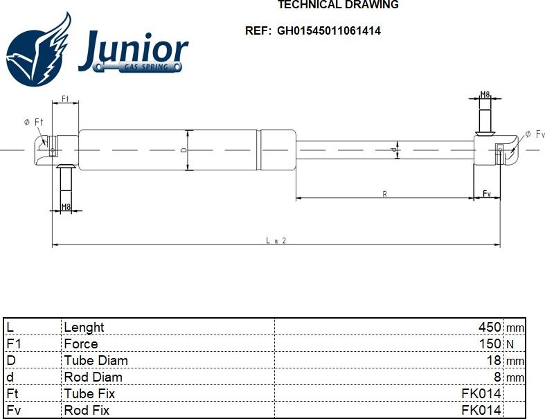 JUNIOR GH01545011061414 - Газова пружина, кришка багажник autocars.com.ua