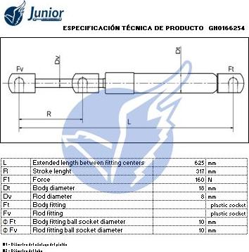 JUNIOR GH0166254 - Газова пружина, капот autocars.com.ua