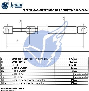 JUNIOR GH0242004 - Газова пружина, капот autocars.com.ua