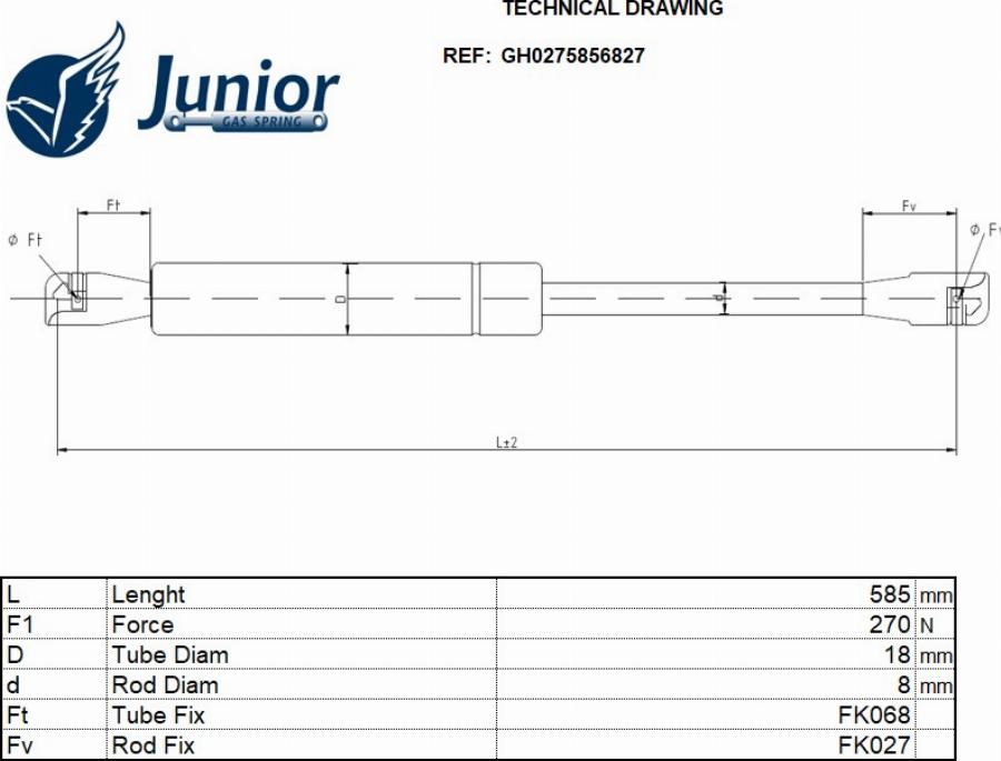 JUNIOR GH0275856827 - Газова пружина, кришка багажник autocars.com.ua