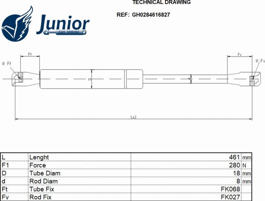 JUNIOR GH0284616827 - Газова пружина, кришка багажник autocars.com.ua