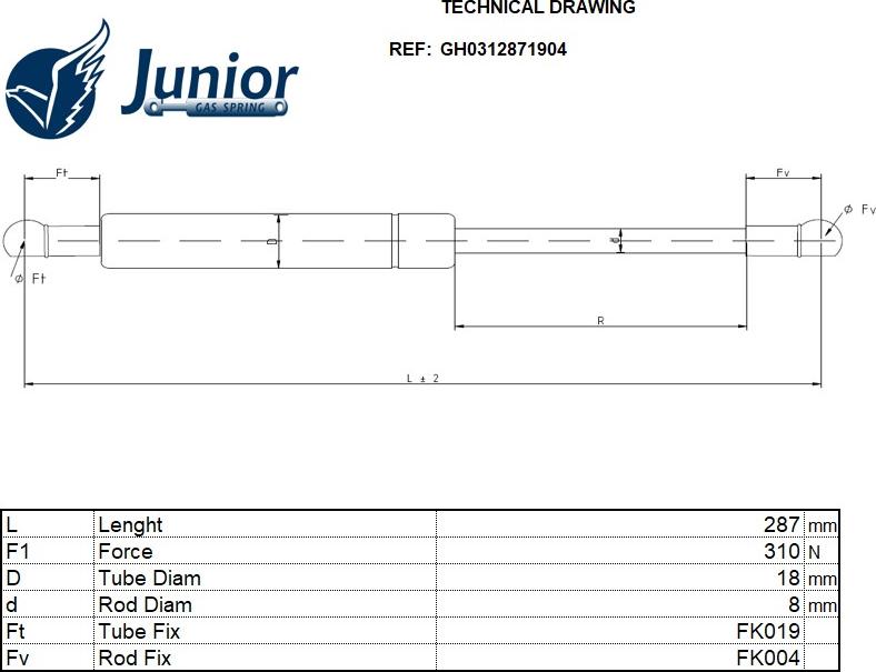 JUNIOR GH0312871904 - Газова пружина, кришка багажник autocars.com.ua