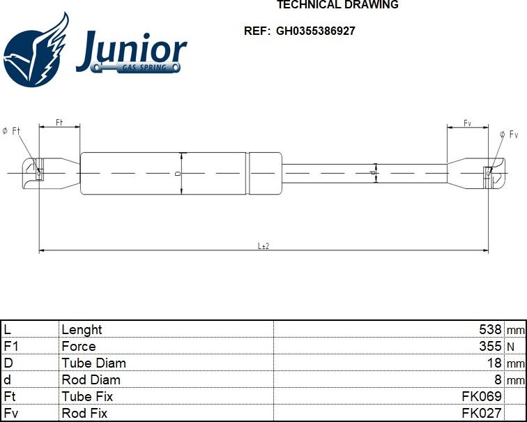 JUNIOR GH0355386927 - Газова пружина, кришка багажник autocars.com.ua