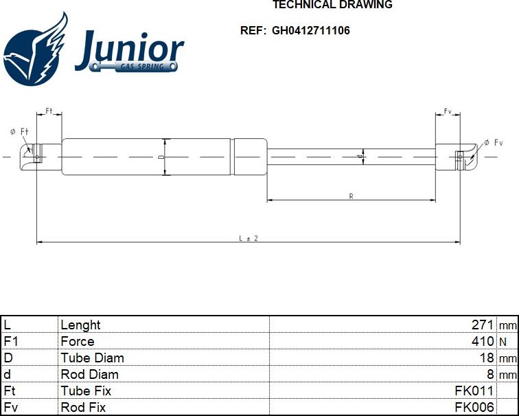 JUNIOR GH0412711106 - Газова пружина, капот autocars.com.ua