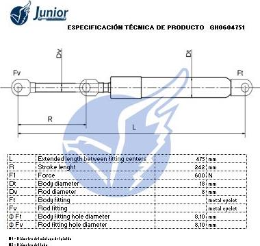 JUNIOR GH0604751 - Газова пружина, кришка багажник autocars.com.ua