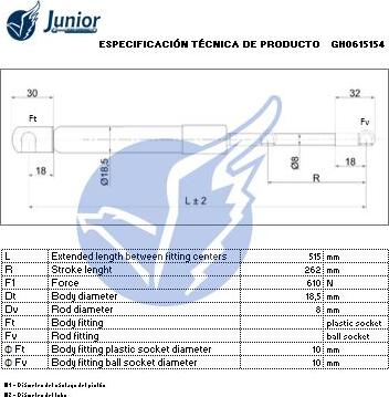 JUNIOR GH0615154 - Газова пружина, кришка багажник autocars.com.ua