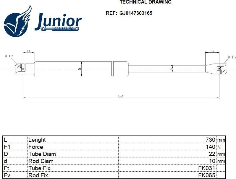 JUNIOR GJ0147303165 - Газова пружина, капот autocars.com.ua