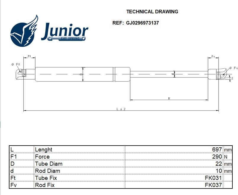 JUNIOR GJ0296973137 - Газова пружина, капот autocars.com.ua