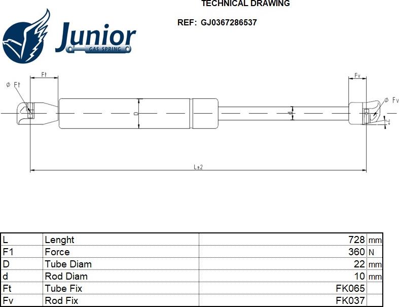 JUNIOR GJ0367286537 - Газова пружина, капот autocars.com.ua