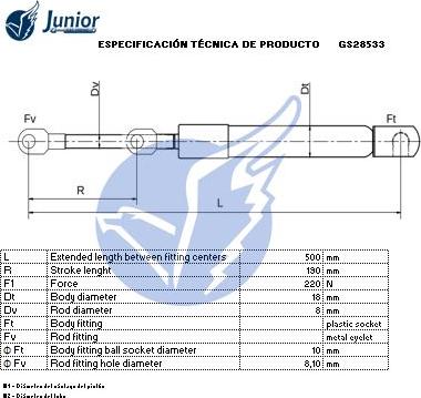 JUNIOR GS28533 - Газова пружина, кришка багажник autocars.com.ua