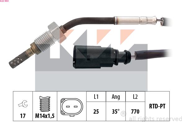 KW 422 003 - Датчик, температура вихлопних газів autocars.com.ua