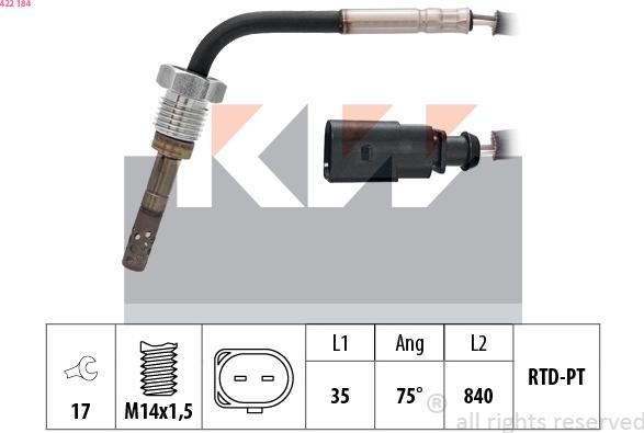 KW 422 184 - Датчик, температура вихлопних газів autocars.com.ua