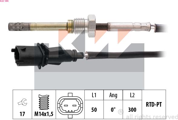 KW 422 186 - Датчик, температура вихлопних газів autocars.com.ua