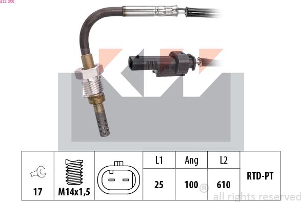 KW 422 255 - Датчик, температура вихлопних газів autocars.com.ua