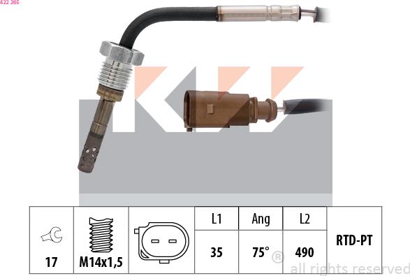 KW 422 265 - Датчик, температура вихлопних газів autocars.com.ua