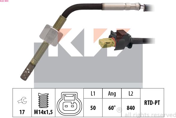 KW 422 303 - Датчик, температура вихлопних газів autocars.com.ua